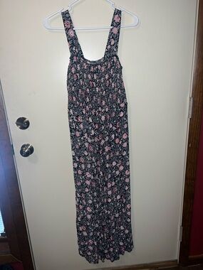 LOFT Black Floral Maxi Jumpsuit with Pink Accents